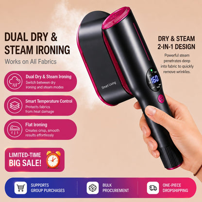 A handheld steam ironing device in black and magenta pink, held by a hand against a beige promotional background with text highlighting dual dry and steam ironing features.