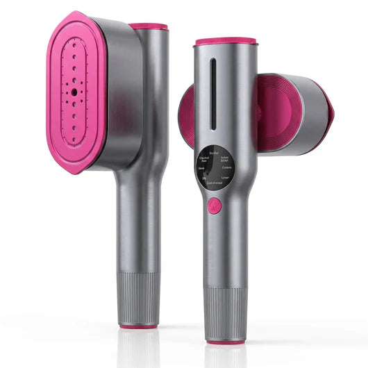 Two handheld cloth styling tools with pink and gray design on a white background
